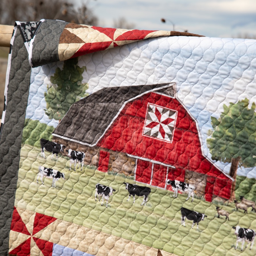 Old red barn quilt panel after quilting